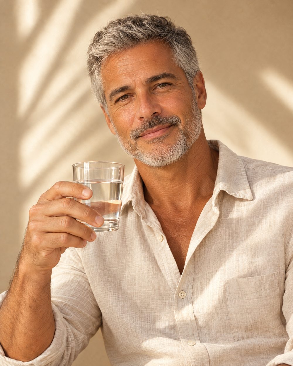 Homem segurando um copo de água, sorrindo, em luz natural